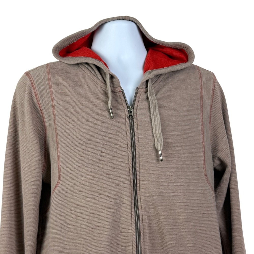 Prana Men's Large Full Zip Hoodie Tan Red Organic Cotton Textured‎ Rib Knit - Picture 2 of 11